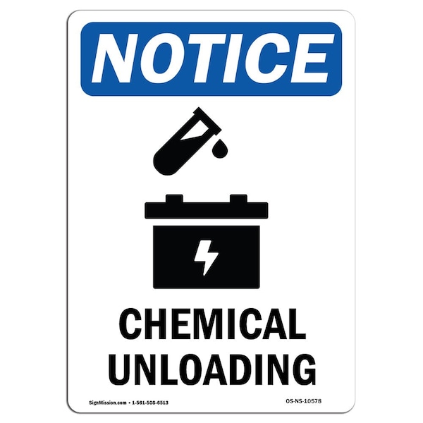 Safety Sign, OSHA Notice, 5" Height, Chemical Unloading Sign With Symbol, Portrait, 10PK